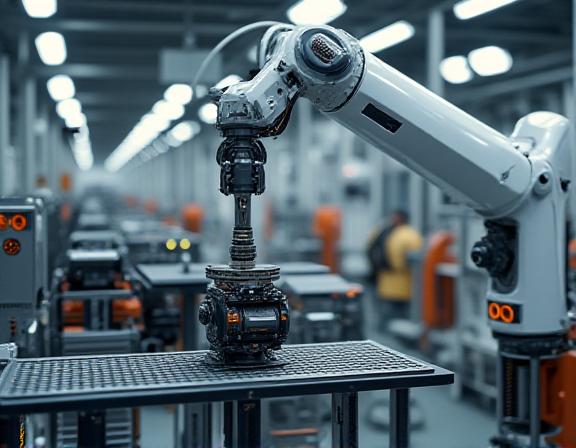 AI-powered robotic arm performing precision part placement on automotive assembly line